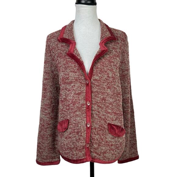 J. Jill Red & Gray Merino Wool Velvet Trim Button Front Cardigan Sweater Jacket - Picture 1 of 10
